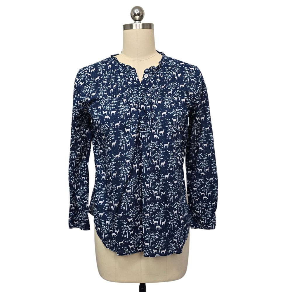 J. Crew Women's Navy Deer Tree Print Button Front Blouse‎ Top Size 2